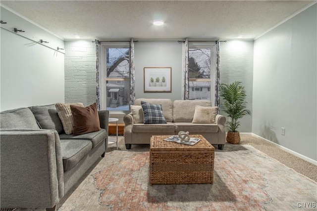 carpeted living room featuring a textured ceiling and crown molding