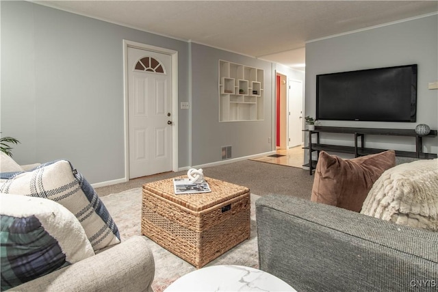 living room featuring light carpet