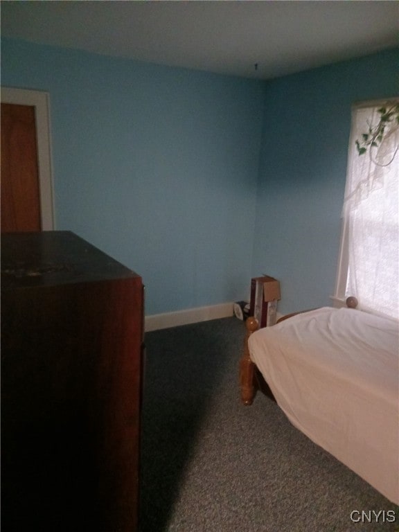 bedroom featuring dark carpet