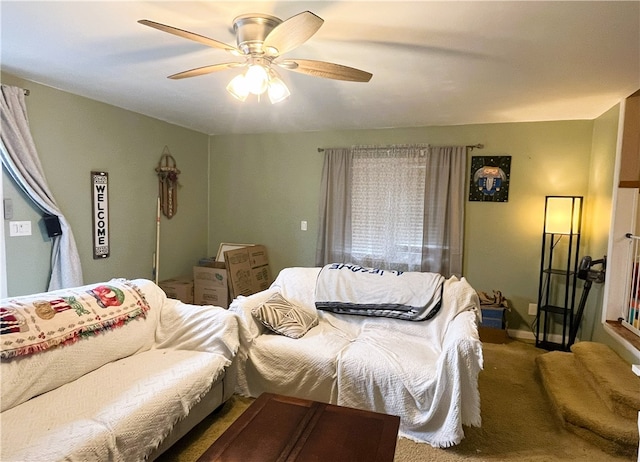 living room with carpet and ceiling fan