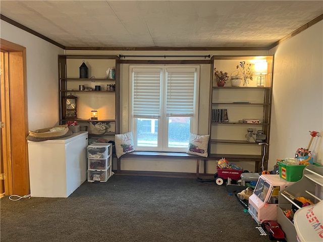 interior space featuring crown molding and carpet