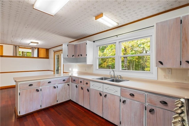 kitchen featuring stove, sink, tasteful backsplash, dark hardwood / wood-style flooring, and kitchen peninsula