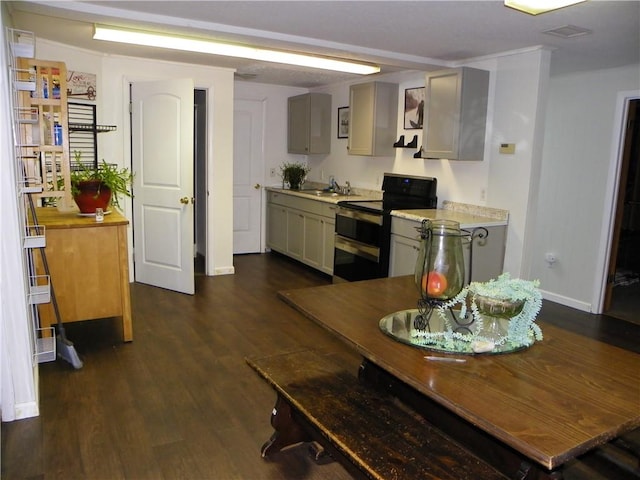 kitchen featuring black electric range, dark hardwood / wood-style flooring, gray cabinets, and sink