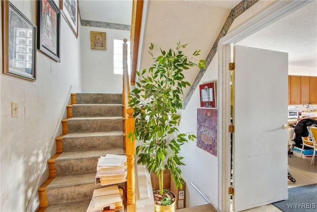 staircase with carpet flooring and a textured ceiling