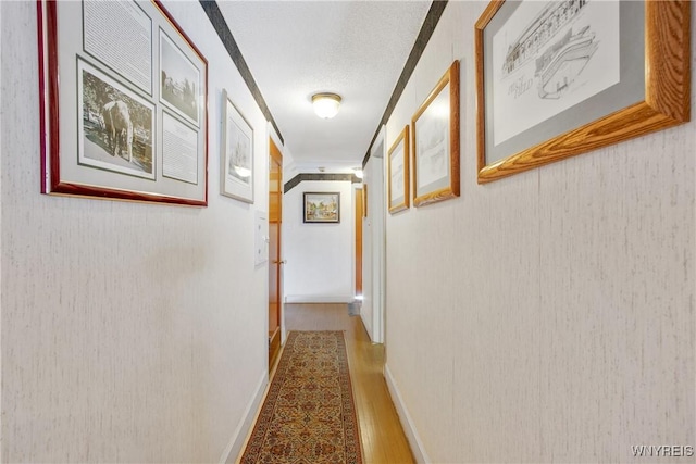 hall with hardwood / wood-style flooring and a textured ceiling