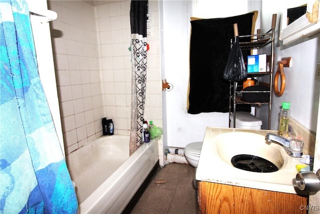 full bathroom with shower / bath combination with curtain, vanity, toilet, and tile patterned floors