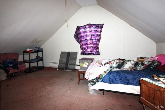 bedroom with carpet, a baseboard radiator, and lofted ceiling