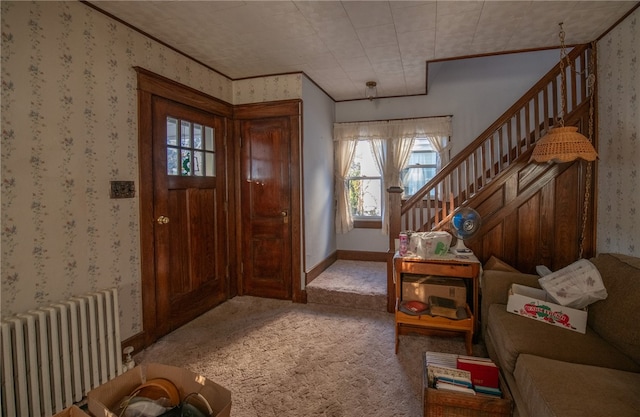 carpeted entrance foyer featuring radiator