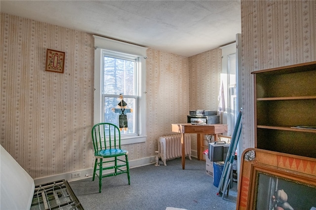 living area with radiator heating unit, carpet floors, and a textured ceiling