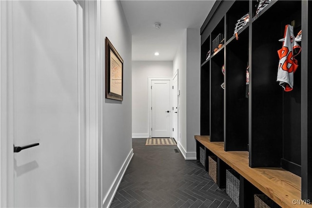 mudroom with dark parquet floors