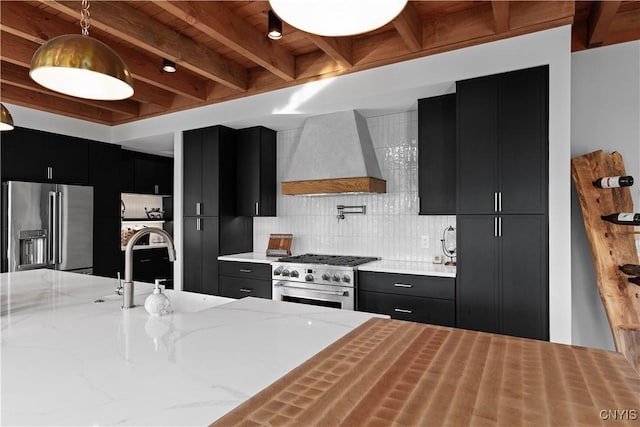 kitchen featuring pendant lighting, high end appliances, premium range hood, sink, and beamed ceiling