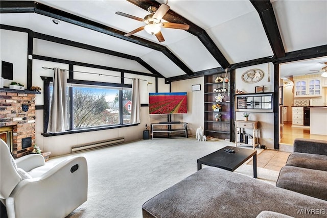 living room featuring vaulted ceiling with beams, wine cooler, ceiling fan, baseboard heating, and light carpet