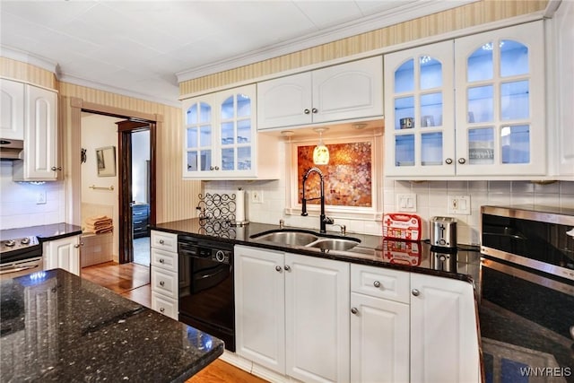 kitchen featuring white cabinetry, dishwasher, sink, and premium range hood