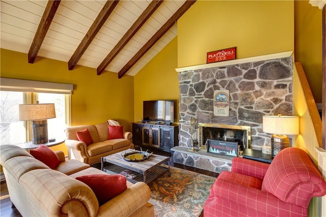 living room featuring wooden ceiling, a stone fireplace, beamed ceiling, high vaulted ceiling, and wood-type flooring