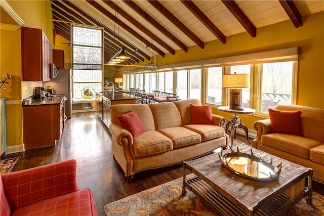 living room featuring beamed ceiling, high vaulted ceiling, dark wood-type flooring, and sink