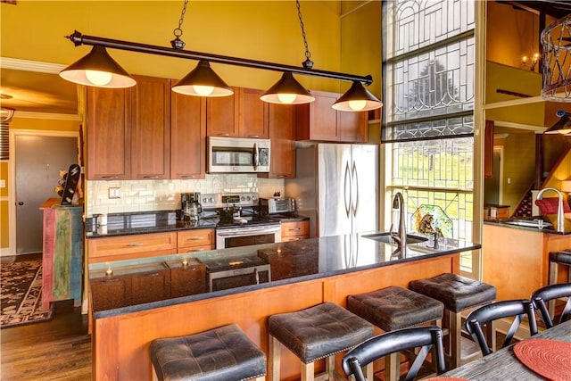 kitchen featuring sink, hanging light fixtures, dark hardwood / wood-style flooring, crown molding, and appliances with stainless steel finishes