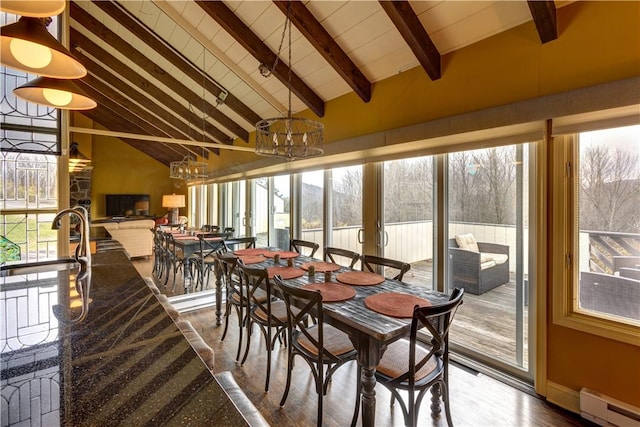 dining area featuring beam ceiling, an inviting chandelier, baseboard heating, high vaulted ceiling, and hardwood / wood-style flooring