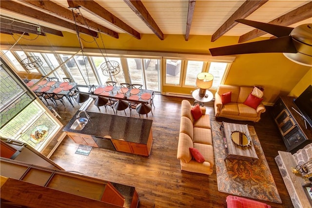 living room featuring beamed ceiling, wood ceiling, dark wood-type flooring, and a baseboard radiator