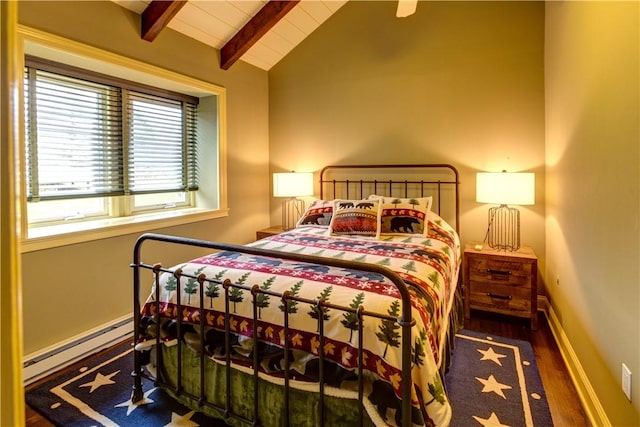 bedroom with dark hardwood / wood-style flooring, lofted ceiling with beams, and a baseboard heating unit