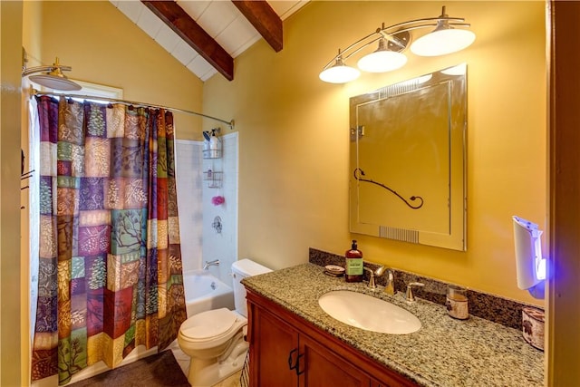 full bathroom with vanity, lofted ceiling with beams, toilet, and shower / tub combo