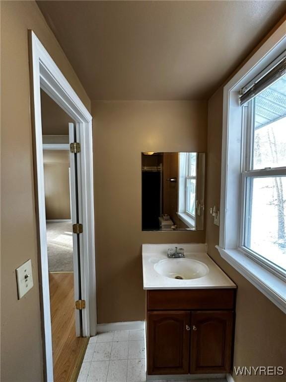 bathroom featuring vanity and wood-type flooring