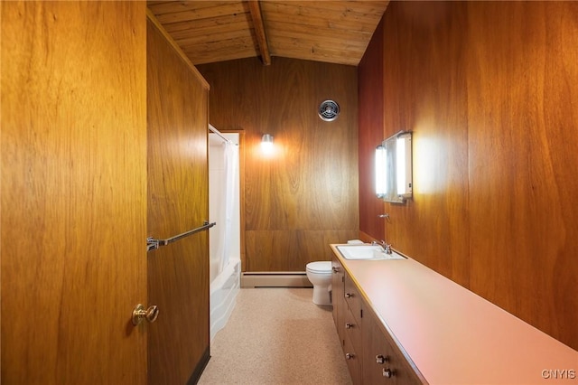 full bathroom featuring vanity, wooden ceiling, a baseboard heating unit, lofted ceiling with beams, and wooden walls