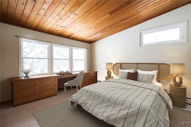 carpeted bedroom with lofted ceiling and wooden ceiling