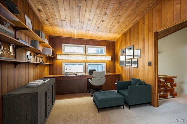 carpeted home office featuring wooden ceiling and wood walls