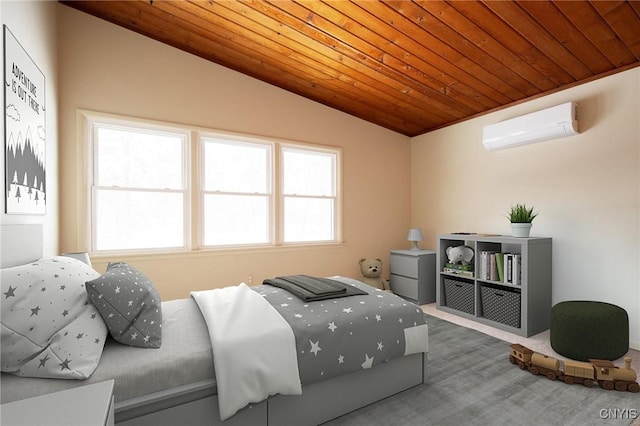 carpeted bedroom featuring a wall mounted air conditioner, lofted ceiling, and wooden ceiling