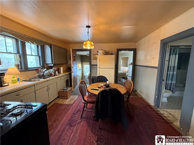 dining room with dark hardwood / wood-style floors and sink