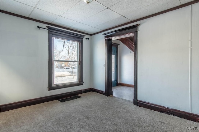 carpeted empty room featuring a drop ceiling