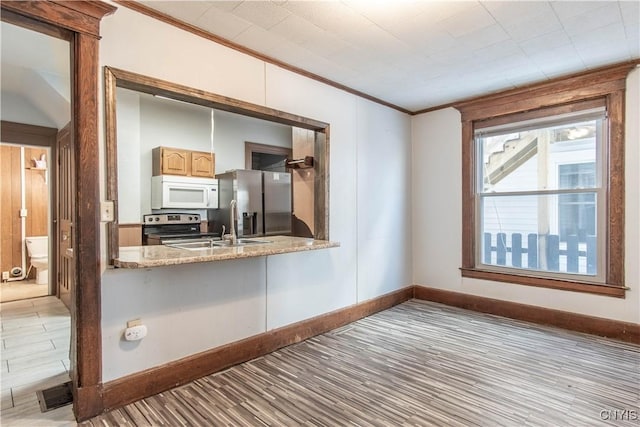 interior space featuring light hardwood / wood-style floors, ornamental molding, and sink