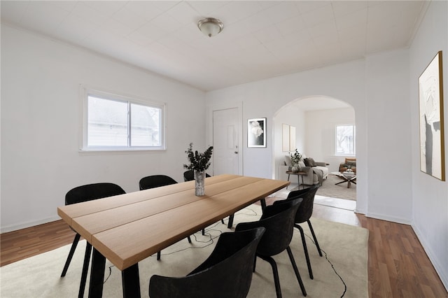 dining area featuring a wealth of natural light, hardwood / wood-style floors, and crown molding