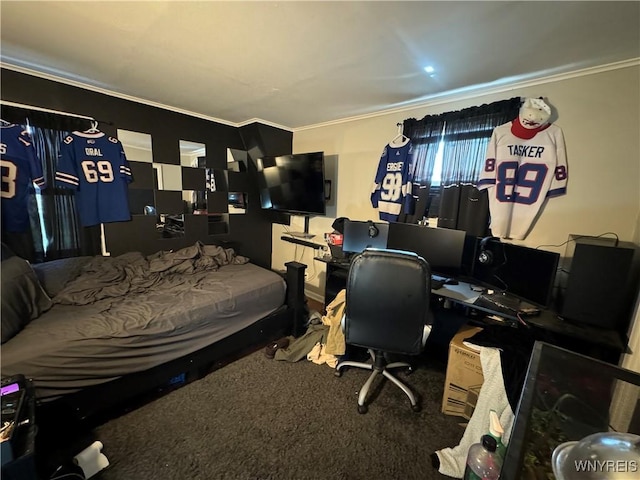 bedroom with carpet flooring and crown molding