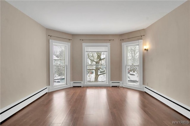 empty room featuring wood-type flooring and baseboard heating