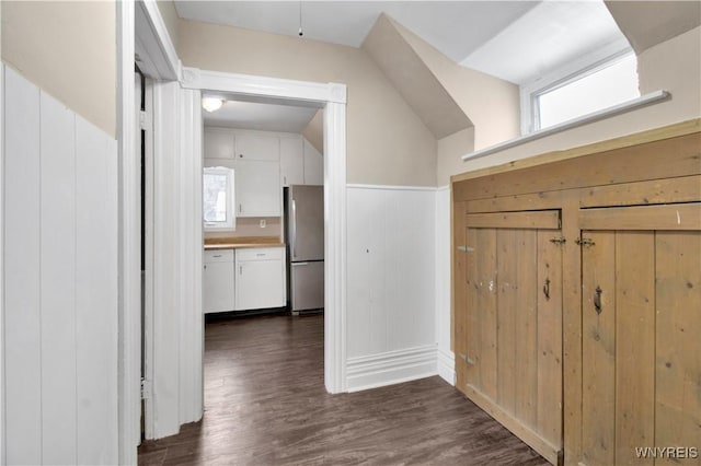 hallway featuring wood walls and dark hardwood / wood-style flooring