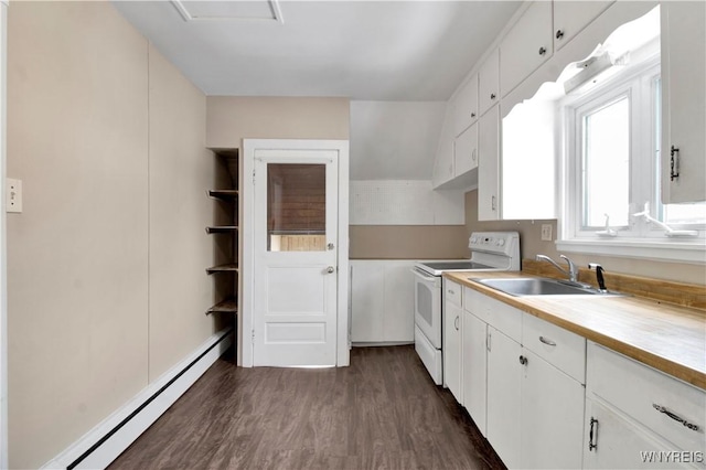 kitchen with sink, dark hardwood / wood-style flooring, white cabinets, and white electric range