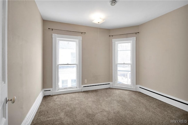 unfurnished room featuring carpet floors and baseboard heating