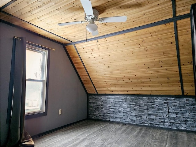 additional living space featuring hardwood / wood-style flooring, plenty of natural light, ceiling fan, and wood ceiling