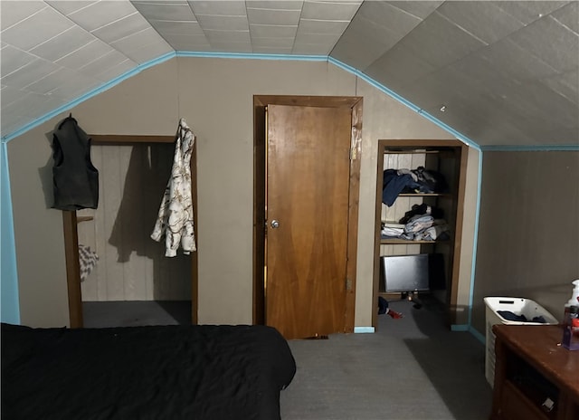 bedroom with carpet floors and lofted ceiling