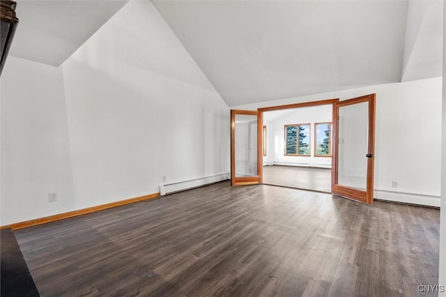 unfurnished living room featuring baseboard heating, french doors, and wood-type flooring