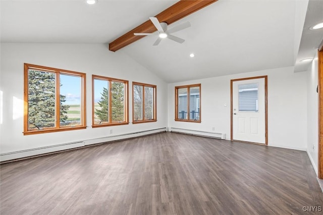 interior space featuring lofted ceiling with beams, ceiling fan, dark wood-type flooring, and a baseboard heating unit