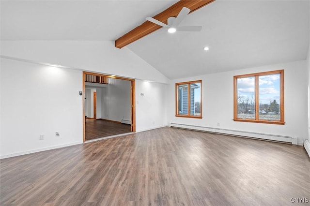 unfurnished room with vaulted ceiling with beams, ceiling fan, dark hardwood / wood-style flooring, and a baseboard heating unit