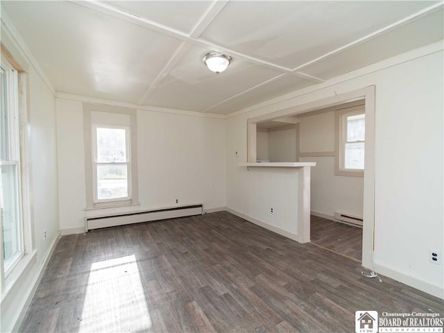 spare room featuring dark hardwood / wood-style floors and baseboard heating