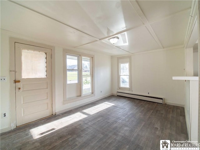 spare room with baseboard heating and dark hardwood / wood-style flooring