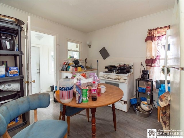 dining area featuring wood-type flooring and ornamental molding