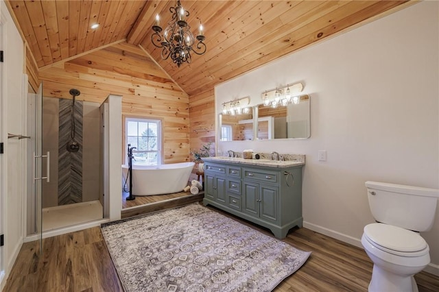 full bathroom featuring wooden ceiling, lofted ceiling with beams, hardwood / wood-style floors, shower with separate bathtub, and vanity