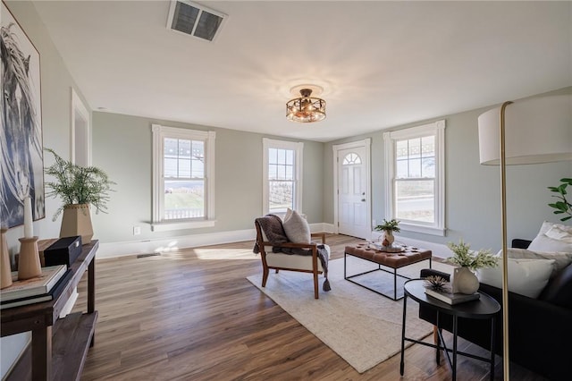 living room with a healthy amount of sunlight, wood-type flooring, and a chandelier