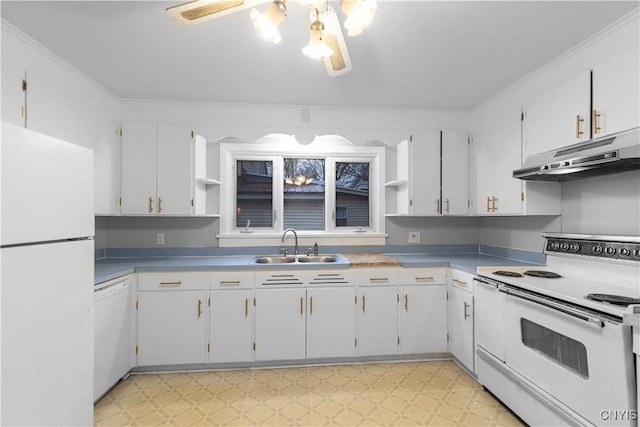 kitchen with white cabinets, sink, white appliances, and ornamental molding