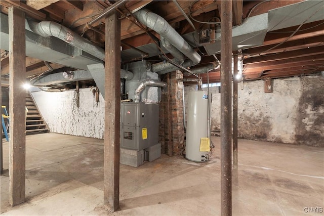 basement with heating unit and gas water heater